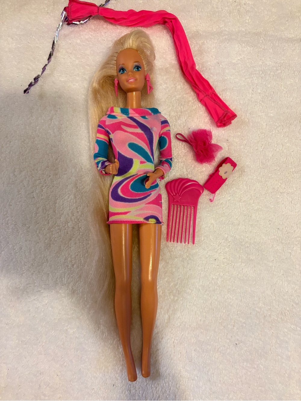 Vintage 1991 Totally Hair Blonde Barbie Doll Original Dress Earrings 1112